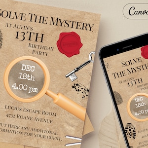 Escape Room Einladung, bearbeitbare Vorlage, Escape Game Party Aktivität einladen, druckbare Karte, Erwachsenen- oder Kinderparty, lösen Mystery Mobile JPEG