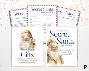 May include: A watercolor illustration of Santa Claus with a white beard and red hat. The text reads "Secret Santa Gifts" and "Kindly place your Secret Santa gifts here and watch the magic of surprise unfold during our delightful exchange!"
