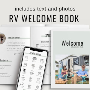 Carpeta de alquiler de caravanas, plantilla de libro de bienvenida de alquiler de vehículos recreativos imprimible, manual editable para autocaravana, libro de información, paquete de bienvenida, carta de EE. UU. A4 PDF