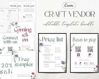 May include: A set of printable templates for craft vendors, including order forms, thank you notes, price lists, and a 'scan to pay' sign. The designs feature floral accents and the text 'Craft Vendor' and 'editable template bundle'.