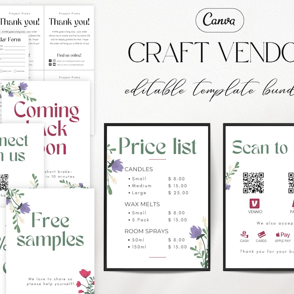 Craft show bundle template, Order form template, Price list sign, Thank you card, Flea market fair booth setup display, Pop-Up shop event