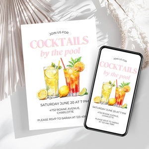 Uitnodigingssjabloon cocktails bij het zwembad, uitnodiging zomerse soiree, leuke uitnodiging voor cocktailparty, drankjes bij het zwembad uitnodigen digitale Canva