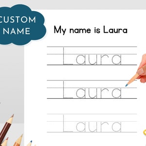 Hoja de trabajo de seguimiento de nombre, práctica de escritura a mano, imprimible para niños en edad preescolar y jardín de infantes, hoja de seguimiento de nombre personalizado, puedo escribir mi nombre