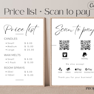 Craft Show Price List and Scan to Pay signs, Editable templates, Local Market Vendor Signs, Craft fair QR code poster, Farmers market booth