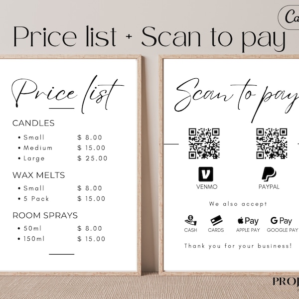 Craft Show Price List and Scan to Pay signs, Editable templates, Local Market Vendor Signs, Craft fair QR code poster, Farmers market booth