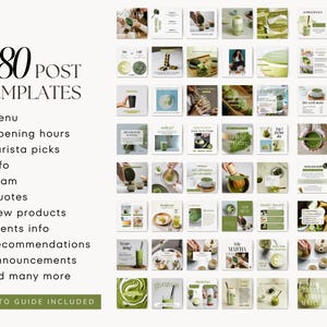 Pode incluir: Uma cole&ccedil;&atilde;o de 80 modelos de postagens para m&iacute;dia social para uma loja de ch&aacute; matcha. Os modelos apresentam v&aacute;rias imagens de bebidas de matcha, sobremesas de matcha e designs com tema matcha. O texto "80 MODELOS DE POSTAGEM" est&aacute; no topo da imagem. O texto "GUIA INCLU&Iacute;DO" est&aacute; na parte inferior da imagem.