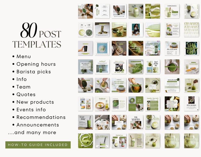 Pode incluir: Uma cole&ccedil;&atilde;o de 80 modelos de postagens para m&iacute;dia social para uma loja de ch&aacute; matcha. Os modelos apresentam v&aacute;rias imagens de bebidas de matcha, sobremesas de matcha e designs com tema matcha. O texto "80 MODELOS DE POSTAGEM" est&aacute; no topo da imagem. O texto "GUIA INCLU&Iacute;DO" est&aacute; na parte inferior da imagem.