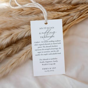 Jordan Almonds-etikett och bordsskylt: Italiensk bröllopstradition, konfetti-etikett, fem sockrade mandlar, gästetikett för bomboniera