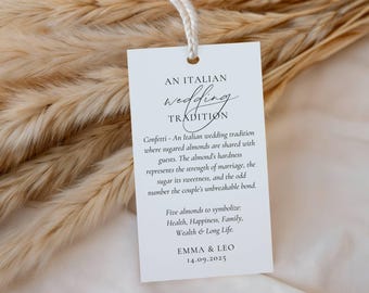Jordan Almonds Tag and Table Sign: Italian Wedding Tradition, Confetti Favor Label, Five Sugared Almonds, Guests Favor Tag for Bomboniera