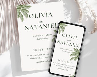 Modern Minimalist Palm Tree Wedding Invitation Template, Destination Wedding Invite, Tropical Wedding Evite, Card and Mobile Edit in Canva