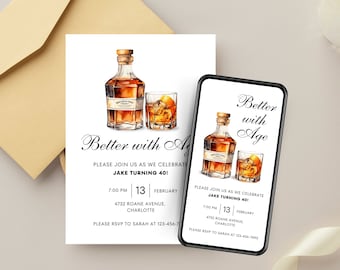 Better With Age Whiskey Invitation Template, Milestone Birthday Party, Whiskey Tasting Invitation, 40th Mens Birthday Invite, Bourbon Scotch
