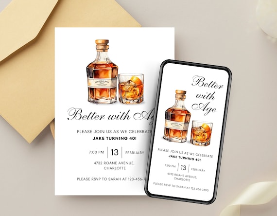 Better With Age Whiskey Invitation Template, Milestone Birthday Party, Whiskey Tasting Invitation, 40th Mens Birthday Invite, Bourbon Scotch