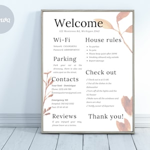 Plantilla de letrero de bienvenida, póster imprimible moderno para airbnb, cabaña boscosa vrbo, letrero de otoño minimalista y elegante, guía de bienvenida de canva en pdf