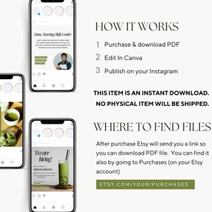 Pode incluir: Tr&ecirc;s modelos de postagem do Instagram com bebidas de matcha verdes e texto que diz "Sunday's Deluxe Matcha Set", "We are hiring! Matcha Barista" e "Liam, Morning Shift Leader". O texto "HOW IT WORKS", "THIS ITEM IS AN INSTANT DOWNLOAD. NO PHYSICAL ITEM WILL BE SHIPPED.", e "WHERE TO FIND FILES" tamb&eacute;m &eacute; vis&iacute;vel. O texto "ETSY.COM/YOUR/PURCHASES" est&aacute; na parte inferior da imagem.