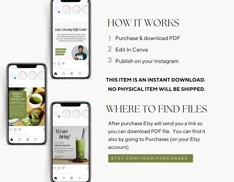 Pode incluir: Tr&ecirc;s modelos de postagem do Instagram com bebidas de matcha verdes e texto que diz "Sunday's Deluxe Matcha Set", "We are hiring! Matcha Barista" e "Liam, Morning Shift Leader". O texto "HOW IT WORKS", "THIS ITEM IS AN INSTANT DOWNLOAD. NO PHYSICAL ITEM WILL BE SHIPPED.", e "WHERE TO FIND FILES" tamb&eacute;m &eacute; vis&iacute;vel. O texto "ETSY.COM/YOUR/PURCHASES" est&aacute; na parte inferior da imagem.
