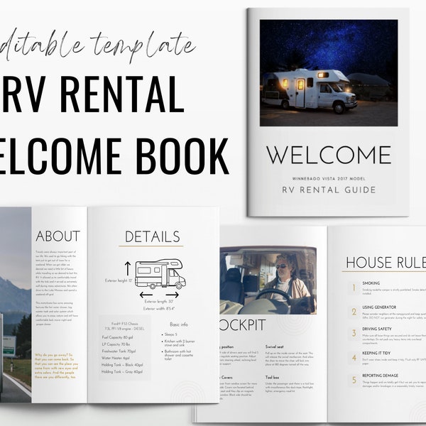 Camper rental guide, rv booklet template, recreational vehicle print guide, editable camping car for rent brochure, US letter and a4 size