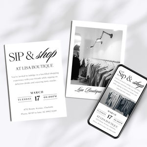 Sip and Shop Event Invitation: Boutique Open House Template (Canva Editable, Digital Evite)