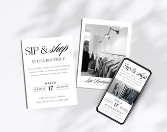 Sip and Shop Event Invite Canva Editable Template, Editable Business Invitation, Digital Evite, Open House Printable Store Boutique Flyer