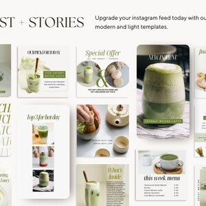 Pode incluir: Uma cole&ccedil;&atilde;o de modelos de postagem e hist&oacute;ria do Instagram com bebidas e sobremesas de matcha verde. Os modelos incluem sobreposi&ccedil;&otilde;es de texto como "Nossa escolha para hoje", "Top 3 para dias quentes", "O que est&aacute; dentro", "Menu desta semana" e "Matcha do m&ecirc;s".