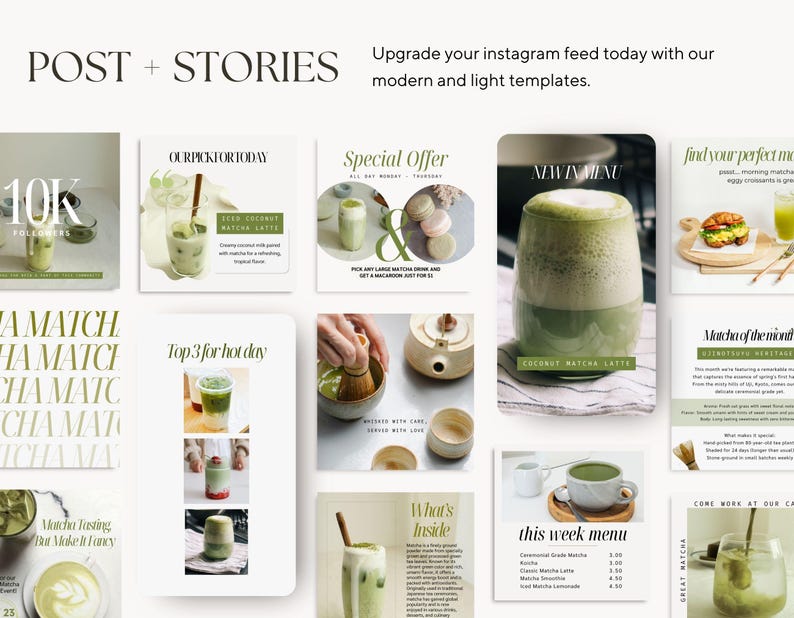 Pode incluir: Uma cole&ccedil;&atilde;o de modelos de postagem e hist&oacute;ria do Instagram com bebidas e sobremesas de matcha verde. Os modelos incluem sobreposi&ccedil;&otilde;es de texto como "Nossa escolha para hoje", "Top 3 para dias quentes", "O que est&aacute; dentro", "Menu desta semana" e "Matcha do m&ecirc;s".