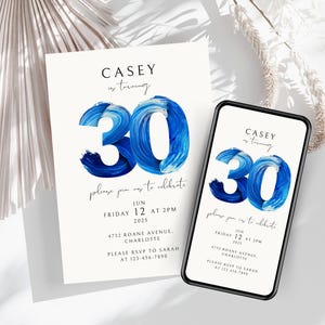 Modello di invito di compleanno moderno da scaricare, invito per il trentesimo compleanno, invito per la festa del trentesimo, biglietto e invito digitale per il compleanno, vernice blu 30