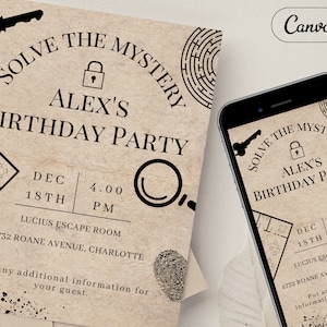 Escape Room Birthday Party Invite, Instant Editable Template, Escape Game Invitation, Digital Evite, Bday Adult or Kids Party, Solve Mystery