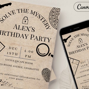 Escape Room Birthday Party Invite, Instant Editable Template, Escape Game Invitation, Digital Evite, Bday Adult or Kids Party, Solve Mystery