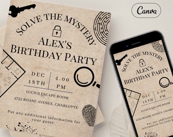 Escape Room Birthday Party Invite, Instant Editable Template, Escape Game Invitation, Digital Evite, Bday Adult or Kids Party, Solve Mystery