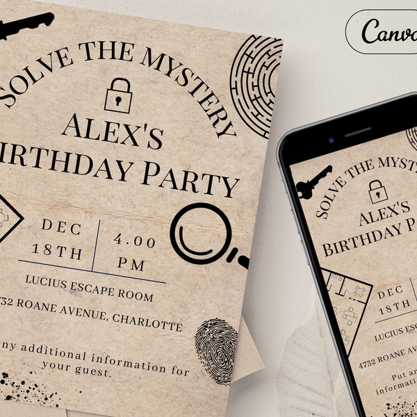 Escape Room Birthday Party Invite, Instant Editable Template, Escape Game Invitation, Digital Evite, Bday Adult or Kids Party, Solve Mystery