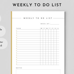 May include: Printable weekly to-do list template with a simple design. The template includes a section for tasks, a grid for each day of the week, and a notes section.