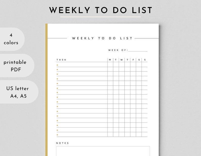 May include: Printable weekly to-do list template with a simple design. The template includes a section for tasks, a grid for each day of the week, and a notes section.
