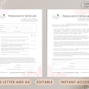 May include: Pink and white printable consultation and consent forms for permanent jewelry. The forms include sections for client information, allergies, medical history, and consent to the procedure.
