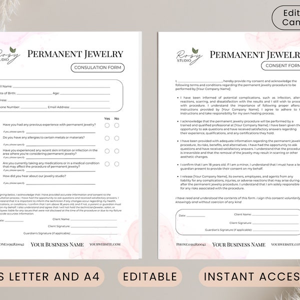 Permanent Jewelry Consent Forms and Client Intake, Esthetician Beauty Salon Forms Canva Template, Editable Client Form, Instant Download