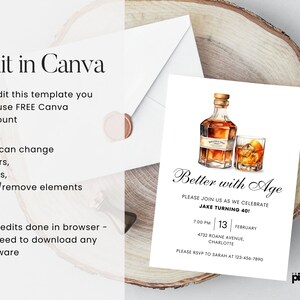May include: A printable invitation for a 40th birthday party with a watercolor illustration of a bottle of whiskey and a glass of whiskey on the rocks. The text reads "Better with Age" and includes the party details: date, time, location, and RSVP information.
