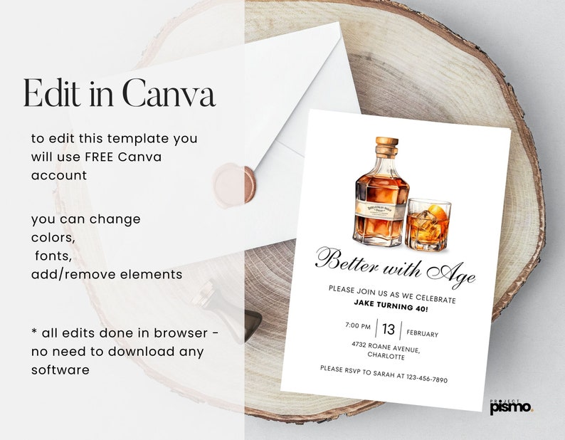 May include: A printable invitation for a 40th birthday party with a watercolor illustration of a bottle of whiskey and a glass of whiskey on the rocks. The text reads "Better with Age" and includes the party details: date, time, location, and RSVP information.
