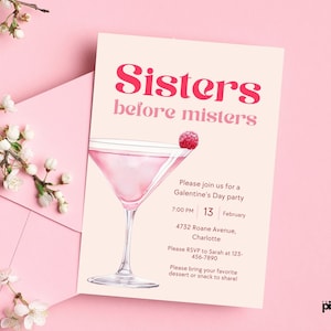 Sisters Before Misters, Canva-uitnodigingssjabloon, Galentine's Day Girls Night Out, Party met vrienden, Valentijnsdagactiviteit met Besties