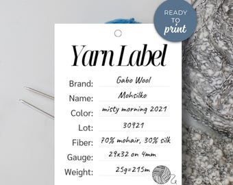 Yarn Details Tags Printable PDF,  Digital Download PDF, Printable Yarn Stash Labels: Track Fiber, Weight, Colour, Gauge, Leftover Yarn Tag