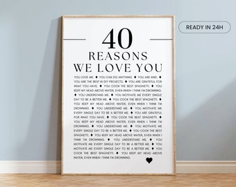 40 redenen waarom we van je houden - aangepaste afdrukbare poster, cadeau voor haar, cadeau voor verjaardagsfeestje, mijlpaalviering, quote typografieposter