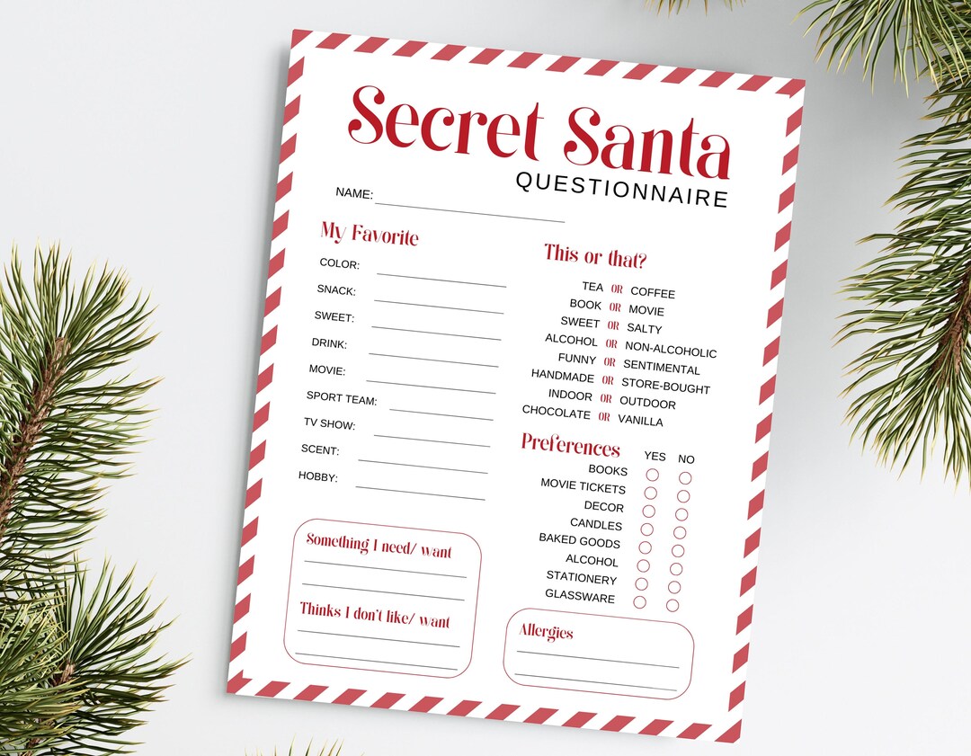 Secret Santa Questionnaire Printable, Sign up Form for Secret Santa ...