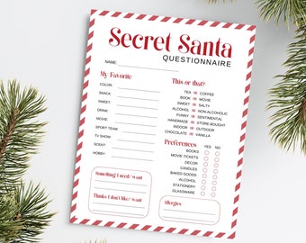 Op de afbeelding: Een Secret Santa-vragenlijst op wit papier met een rood-witte gestreepte rand. De vragenlijst bevat secties voor favorieten, voorkeuren en allergieën. Tekst bevat "Secret Santa Questionnaire".