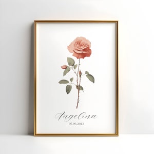 Impresión de flores de nacimiento de junio, arte botánico del mes, dibujo vintage de flores de nacimiento, impresión de rosas, regalos para mamá, póster personalizado, regalo para bebé recién nacido