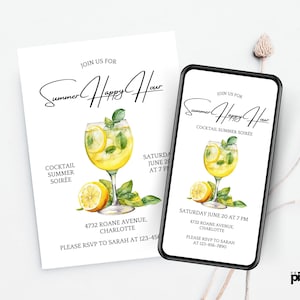 Zomeruitnodiging happy hour, uitnodiging zomersoiree, uitnodiging cocktailparty, drankjes bij het zwembad, digitale canvassjabloon