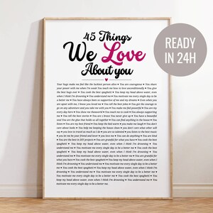 Impresión "45 cosas que amamos de ti", arte imprimible personalizado para 45 cumpleaños, regalo para tu mejor amigo, regalo para tu esposo, regalo imprimible para mujeres.
