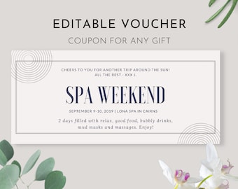 Editable Gift Voucher - Coupon Template,  Spa Weekend Getaway Invitation, Ticket for Last Minute Gift, Father&#39;s Day Present Certificate