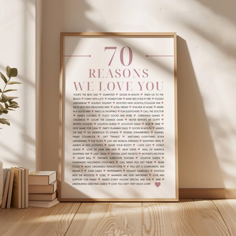 70 Reasons why we love you, 70th Birthday gift for grandma, 80 Things we love about you wall art, Anniversary gift, Custom printable poster image 2