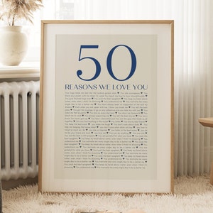 50 powodów, dla których Cię kochamy - plakat do druku, wyjątkowy prezent na 60. urodziny, spersonalizowany prezent na 50. urodziny, niezapomniana dekoracja na 40. urodziny