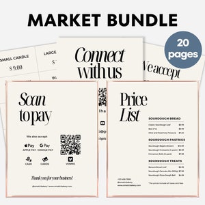 Business Printable Bundle for Market Vendor - Editable Template, Minimalistic Elegant Price List, Scan to Pay, Pop Up Shop Display Boutique