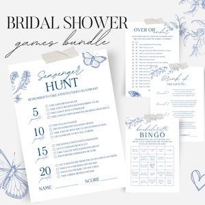Dusty Blue Bridal Shower Game Bundl, 5x7 Chinoiserie Printable Cards, Elegant Floral Design, Something Blue Theme 10 Bridal Shower Games 136