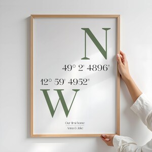 May include: A framed vertical wall art print featuring large sage green letters N and W, black coordinates 49° 2' 4896" and 12° 59' 4952", and the text Our first home and Anna & Jake in a simple black font on a white background.