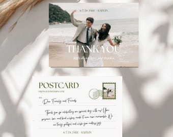 Modern Minimalist Thank You Postcard Template, Destination Wedding Thank You Card with Palm Tree Costal Beach Vibe